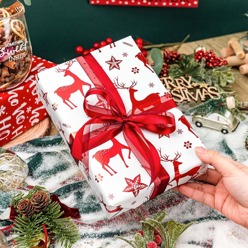 Retrify Christmas Wrapping Paper Roll - 17 Inches x 32.8 Feet - Metallic Red Reindeer HO Lettering Mini Roll Gift Wrap Paper for Winter Holiday Festive Party Celebrations - Image 3